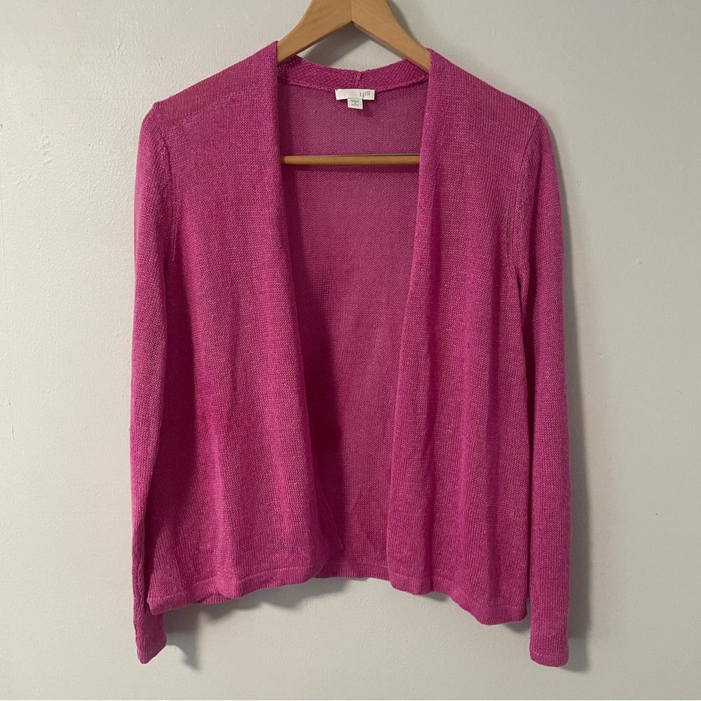 J. Jill Cardigan Sweater Raspberry Pink Open Front‎ Lightweight Linen Blend SP